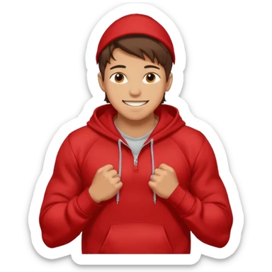 make me an emoji of an americain 19 yearold boy in a red hoodie that says "south" on it and give him with tan skin with his hands in his hands in his pocket grining flexing his muscles sticker
