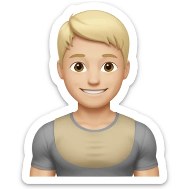 fais le meme blond, tee shirt gris mais musclé et fin qui sourie sticker