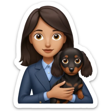 A dark brown long haired a lil bit wavy hair holding a daschund dog black sticker