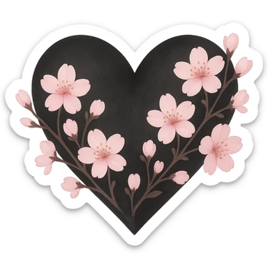 goth sakura heart, soft pastel gradient, black heart with delicate pink sakura, dreamy and gentle sticker