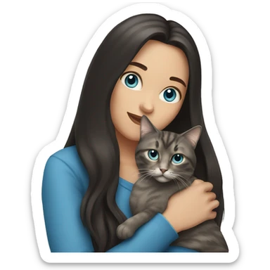 Woman with dark long hair and blue eyes holding a tabby cat  sticker