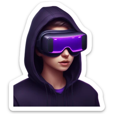 Russian student in the black hoody with violet letters "OMG VR" on it wearing vr headset. Cyberpunk style. Violet neon. sticker