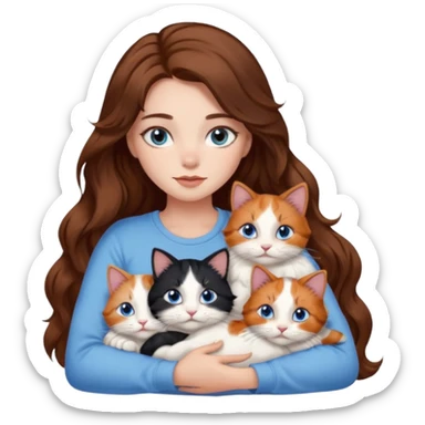 girl with long wavy brown hair, blue eyes, long lashes makeup, cuddling with 6 cats sticker