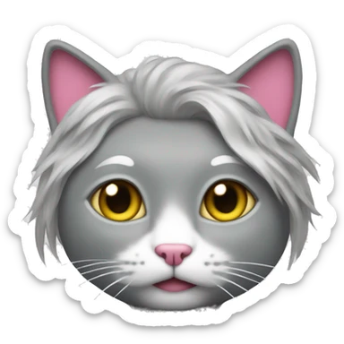 A grey long-haired cat with a hello Kitty headdress sticker