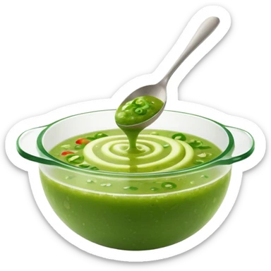 small swirl or spoonful of bright green salsa with slightly chunky blended texture, visible flecks of herbs like parsley or cilantro, glossy surface with soft peaks and smooth curves suggesting freshness and tanginess, apple emoji style, soft lighting, subtle shadows, emoji scale sticker