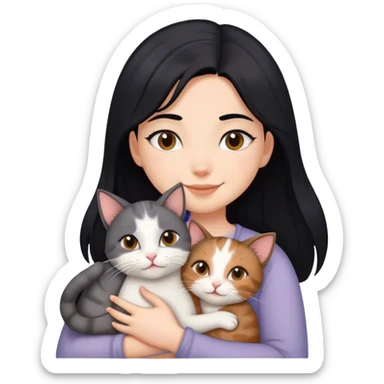 happy girl with black hair hugging three cats  (carey cat, gray cat, brown calico cat) sticker