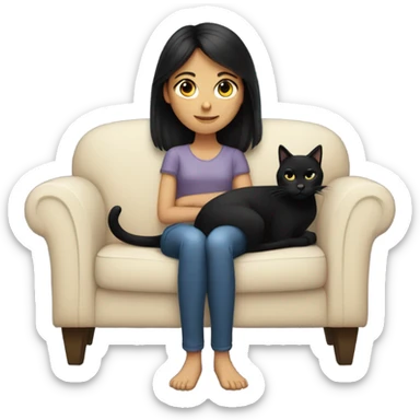 dark haired girl sitting on couch with a black cat in her lap sticker
