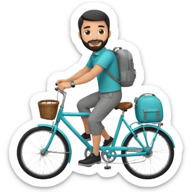 a man with a grey backpack and a torquoise byciycl and he has black shot=rt man hair and a beard with a polo grey shirt and dress pants and hes riding it with pants remeber sticker
