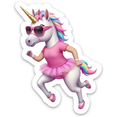 friendly anthropomorphised female unicorn in tutu and pink t-shirt, wearing dark sunglasses, jogging upright in relaxed pose sticker