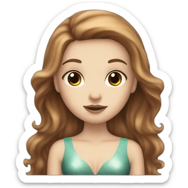 White girl with black eyes and long brown hair with a dreamy fish or mermaid looking face sticker