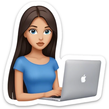 Glamours tanned very beautiful girl with pump natural peach beige lips and dark chocolate straight smooth long hair, blue-grey eyes with MacBook sticker