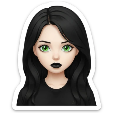 Black haired girl, green eyes, black lipstick, white skin, black t shirt, sharp face, long hair sticker