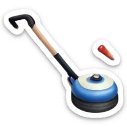 please, make An icon featuring the curling rink, with its distinctive circles and a vibrant crowd in the stands. Snowflakes fall outside the arena, and bright lights illuminate the ice. a close-up curling stone sliding across the ice, with a broom nearby. Transparent background. sticker