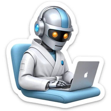 Emoji of a remote-working robot in a cozy smooth bathrobe with a laptop. The robot has a sleek helmet-like head with glowing digital eyes. Relaxed yet high-tech vibe. sticker