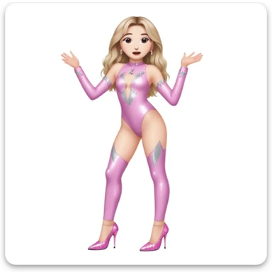 Sabrina carpenter singing at a concert wearing a silver bodysuit with kiss marks all over it  pink sparkle heels.  stage setting is very lit up with white stairs and confetti  sticker