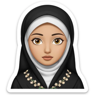 Make a emoji of a Muslim girl wearing a white hijab and makeup on her face, with only her eyes visible and her full body covered in an abaya or burqa. sticker