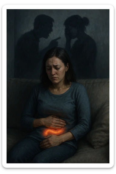 Donna sui 30 anni seduta su un divano, con una mano sull’addome e un'espressione visibilmente provata e triste. Intorno a lei, l’atmosfera è opaca e pesante, con toni freddi. Un’ombra simbolica dietro di lei rappresenta un evento stressante recente (es. un litigio o una perdita). Sul corpo, un lieve bagliore localizzato nella zona intestinale, a simboleggiare il dolore e l'infiammazione. Ambiente domestico, luci basse, emozione visibile. Stile realistico o metaforico con elementi emozionali e viscerali. sticker