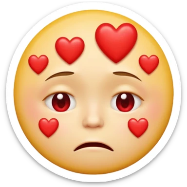 A yellow circular frowning face that is crying, with a dozen hearts floating from top to bottom in front of it sticker