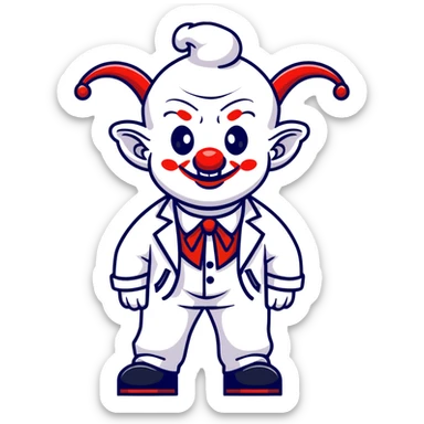 full-body demonic clown in a white leisure suit with bellbottom pants, bald, black ram horns, wearing elevator shoes sticker