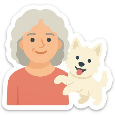 Make the Westie dog playful, with an energetic pose or playful expression, keep the 50-year-old lady with silver curly hair smiling sticker