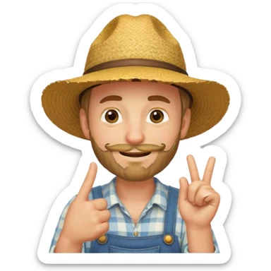 “A single emoji-style character combining 👨‍🌾😄 and 🤔: a smiling farmer man with a straw hat, friendly face, and light beard, holding one hand under his chin in a thinking gesture. His index finger rests under his face, eyes looking slightly upward as if thinking.  sticker