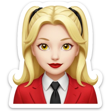 Woman with porcelain white skin, black lips, thick blonde hair that's in a thick long ponytail, a black nose, yellow scleras, red pupils, and a red suit with a black tie. Demon sticker
