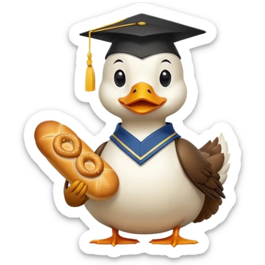 duck wearing bread shaped like a graduation cap and holding a pretzel sticker