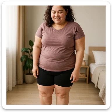 woman with PCOS weighing herself on a digital scale, smiling satisfied, progress atmosphere, realistic details, bathroom or bedroom background sticker