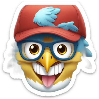 Crazy funny Articuno head with human white teeth and beautiful smile wearing glasses and hat sticker