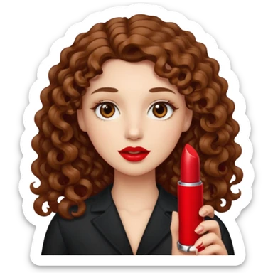 Ojos café claro, piel clara, cabello largo rizado color castaño sosteniendo un labial rojo sticker