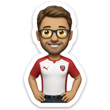 man mid 30 age arsenal shirt glasses short brown hair celebrating sticker