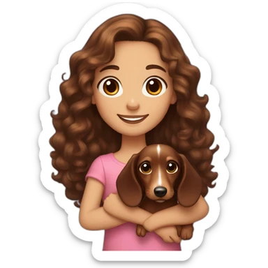 Girl long curly brown hair smiling and brown eyes with long eyelashes and holding a dachshund  in her arms sticker