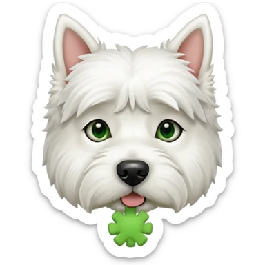 a west highland terrier dog with a green bone treat in its mouth  sticker