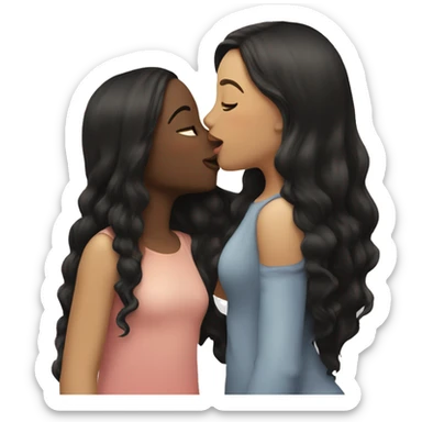A girl kissing another girl on the cheek, both are blushing. They both have white skin and long black hair sticker