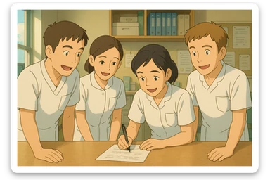 Team scene of four nursing students, faces inspired by four new photos, collaborative atmosphere in a care station, white short-sleeve medical tunics with V-neck and left chest pocket, no collar stand, no stethoscopes, nothing protruding from sleeves, style Ghibli sticker