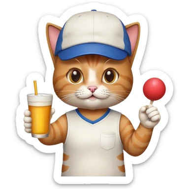 cat with a backwards cap, holding a ping pong ball and cup, beer pong college party sticker