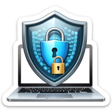 An icon featuring a digital shield with a lock, binary code, symbolizing cybersecurity. The design includes a laptop, warning icons, and secure network nodes, representing protection against cyber threats. Transparent background highlights digital safety and defense. sticker