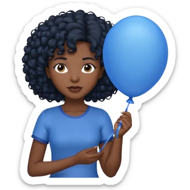 woman with curly black hair and dark face, holding blue balloon sticker