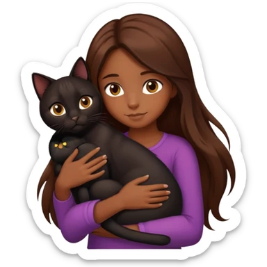 A girl with long brown hair hugs a black cat tightly sticker