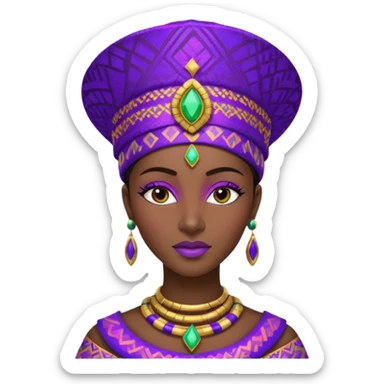 Create me an emoji of a beautiful Ethiopian Queen of Sheba wearing a neon purple gradient African patterns with metallic "isicholo" (a Zulu-inspired hat).  sticker