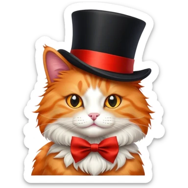 fluffy elegant orange cat with top hat black with red ribbon on the hat sticker