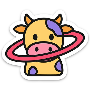 cartoon cow with Saturn's rings, icon style, color outline, playful and simple sticker