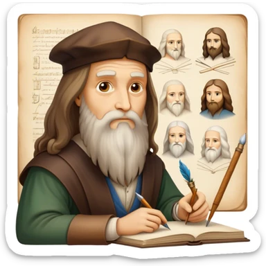 Cinematic Realistic Leonardo da Vinci Portrait Emoji, depicted as the quintessential Renaissance polymath with deep, thoughtful eyes, a flowing beard, and a quill or sketchbook in hand. The scene is illuminated with warm, classical lighting, evoking the atmosphere of a master artist’s workshop, surrounded by early sketches of inventions and masterpieces like the Mona Lisa. sticker
