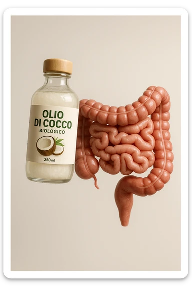 BOCCETTA DI OLIO DI COCCO BIOLOGICO (FAI UN ETICHETTA SUL PRODOTTO IN ITALIANO) CHE FLUTTUA IN ARIA INSIEME A UN INTESTINO UMANO ANATOMICO IN PERFETTA SALUTE, SFONDO CHIARO, iperrealistico 4k sticker