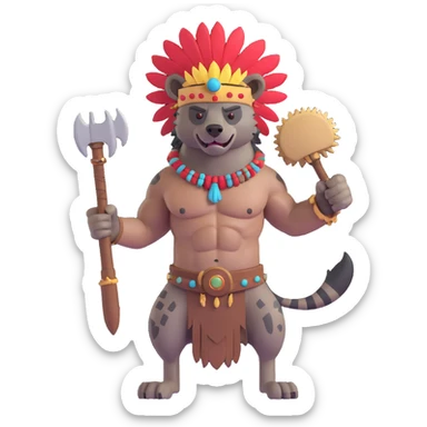 A native strong buff hyena with war bonnet flexing posing full body holding a chopped off human head by the hair  sticker