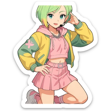 Fluttershy reimagined as a human K-pop idol in anime style, short pastel green hair, streetwear-inspired trendy outfit, confident pose, transparent background sticker