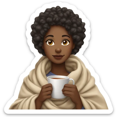 a lightskin black girl with curly hair wrapped in a blanket with a cup of tea sticker