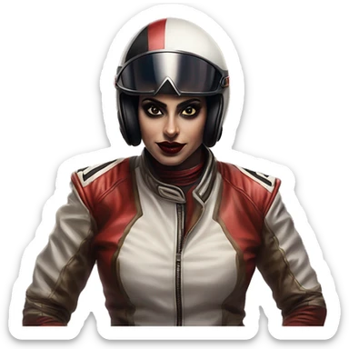 Arabic race driver  in Harley Quinn style, oil paint, mysterious eyes, intricate lips, masterpiece portrait, odd perspective, beautiful, desirable, logical sticker