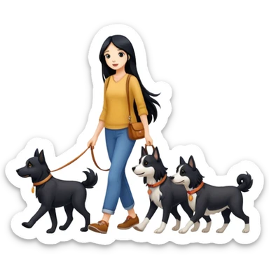 A girl with long black hair walking with three dogs sticker