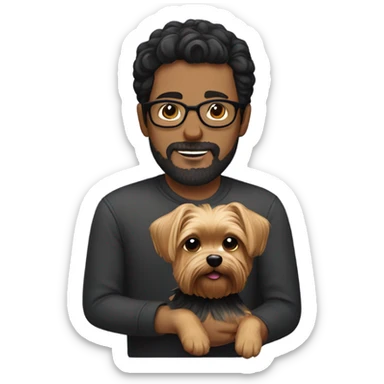 Dark haired guy with facial hair and glasses holding a yorkie  sticker